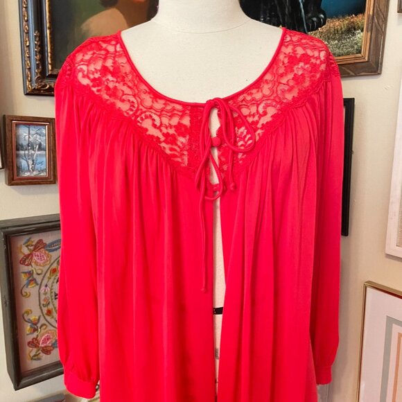 80s Vintage Miss Elaine Red Lace Trim Long Sleeve Nylon Robe Size L Made in USA - Picture 7 of 7